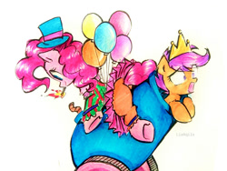 Size: 1032x775 | Tagged: safe, artist:liaaqila, derpibooru import, pinkie pie, scootaloo, earth pony, pegasus, pony, balloon, clown, crown, cute, fire, jewelry, match, party cannon, pony cannonball, regalia, unwilling, wide eyes, yelling