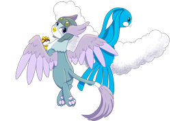 Size: 4960x3508 | Tagged: safe, artist:backgroundpony#f352, derpibooru import, griffon, altaria, crossover, duo, eyes open, female, flying, griffonized, helmet, paw pads, paws, pokéball, pokémon, simple background, species swap, spread wings, transparent background, underpaw, wings, winona (pokémon)