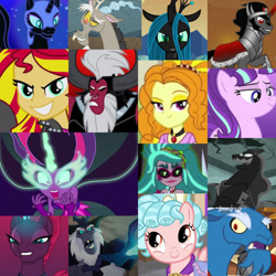 Size: 894x894 | Tagged: safe, derpibooru import, adagio dazzle, cozy glow, discord, gaea everfree, gloriosa daisy, grogar, king sombra, lord tirek, midnight sparkle, nightmare moon, pony of shadows, princess luna, queen chrysalis, sci-twi, starlight glimmer, storm king, stygian, sunset shimmer, tempest shadow, twilight sparkle, alicorn, centaur, changeling, changeling queen, draconequus, human, pegasus, pony, sheep, unicorn, equestria girls, equestria girls (movie), friendship games, legend of everfree, my little pony: the movie, rainbow rocks, cape, clothes, collage, female, filly, male, ram, villians