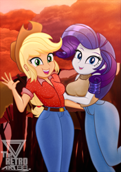 Size: 1207x1710 | Tagged: safe, artist:theretroart88, derpibooru import, applejack, rarity, equestria girls, applerack, autumn, best friends, breasts, clothes, cute, duo, female, jackabetes, looking at you, open mouth, open smile, pants, raribetes, raritits, smiling, tree, waving