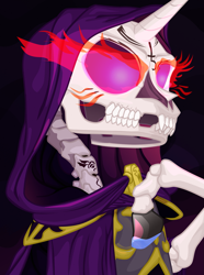 Size: 1281x1724 | Tagged: safe, artist:aaronmk, derpibooru import, oc, oc:sanctae tenebrae, lich, undead, unicorn, equestria at war mod, armor, bone, bust, clothes, dread league, hood, painted hooves, portrait, robes, skeleton, solo, vector