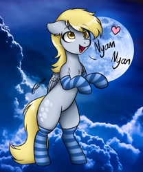 Size: 936x1125 | Tagged: safe, artist:toastpone, derpibooru import, derpy hooves, ditzy doo, pegasus, pony, bipedal, chest fluff, clothes, cloud, cute, derpabetes, female, heart, mare, moon, nyan nyan dance, open mouth, open smile, smiling, socks, solo, striped socks