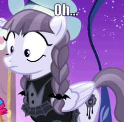 Size: 960x947 | Tagged: safe, edit, edited screencap, editor:undeadponysoldier, screencap, inky rose, pegasus, pony, honest apple, animated, braided pigtails, cropped, cute, dress, eyeliner, female, gif, goth, gothic eyeliner, image macro, in character, inkybetes, makeup, mare, oh my goth, omg, pigtails, pun, shocked, shrunken pupils, skirt, solo, wide eyes