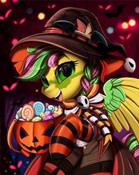 Size: 2550x3209 | Tagged: safe, artist:pridark, derpibooru import, part of a series, part of a set, oc, oc:niyati, pegasus, pony, bucket, candy, clothes, commission, costume, female, food, green eyes, halloween, hat, high res, holiday, horn, jack-o-lantern, mare, open mouth, pegasus oc, pumpkin, pumpkin bucket, red eyes, socks, solo, striped socks, witch hat, ych result