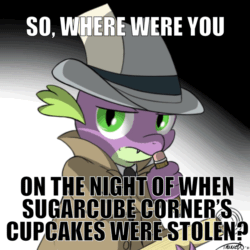 Size: 960x960 | Tagged: safe, artist:theparagon, edit, editor:undeadponysoldier, spike, dragon, black and white, black and white text, clothes, detective, detective spike, fedora, hat, image macro, implied cupcakes, implied sugarcube corner, interrogation, looking at you, male, notepad, paper, pencil, serious, serious face, solo, taking notes, talking to viewer, uniform