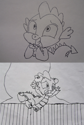 Size: 500x750 | Tagged: safe, artist:spikeabuser, spike, dragon, black and white, drawing, male, spikeabuse, stage, tomato, tomatoes