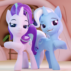 Size: 1920x1920 | Tagged: safe, artist:xppp1clubs, artist:xppp1n, derpibooru import, starlight glimmer, trixie, pony, unicorn, 3d, blender, blender cycles, cutie mark, duo, duo female, eyelashes, female, golden oaks library, hoof on chest, horn, lidded eyes, mare, open mouth, open smile, raised hoof, raised leg, smiling, smug, standing, tail