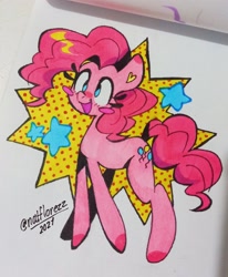 Size: 2437x2952 | Tagged: safe, artist:natflorezz, derpibooru import, pinkie pie, earth pony, pony, blush sticker, blushing, colored hooves, cute, diapinkes, female, heart, high res, mare, marker drawing, open mouth, solo, stars, traditional art