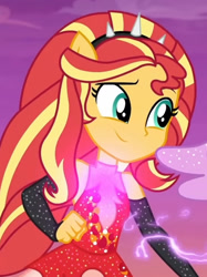 Size: 1123x1499 | Tagged: safe, derpibooru import, screencap, sunset shimmer, better together, equestria girls, rollercoaster of friendship, cropped, smiling, solo focus, super ponied up