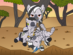 Size: 4000x3000 | Tagged: safe, alternate version, artist:theonewithoutaname, derpibooru import, oc, oc only, oc:nozomu, oc:palesa, oc:uzoma, zebra, butt, cactus needles, cliff, commission, cuddling, cute, desert, dirty, drool, ear piercing, earring, embrace, foal, jewelry, nose piercing, nose ring, piercing, roughed up, scratches, sleeping, stone, tail, tired