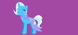 Size: 1280x581 | Tagged: safe, artist:llambbyy, derpibooru import, trixie, unicorn, cape, female, mare, open mouth, purple background, simple background, solo, trixie's cape