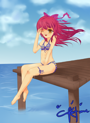 Size: 1700x2338 | Tagged: safe, artist:inkintime, derpibooru import, apple bloom, human, barefoot, belly button, bikini, clothes, feet, humanized, pier, solo, swimsuit, water