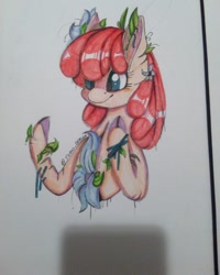 Size: 720x900 | Tagged: safe, artist:nyan.artz, derpibooru import, apple bloom, earth pony, pony, female, filly, flower, leaves, solo, traditional art, wrong eye color