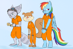 Size: 4000x2700 | Tagged: safe, artist:carouselboi, derpibooru import, anthro, plantigrade anthro, unguligrade anthro, clothes, commission, cuffs, lombax, prison outfit, prisoner, prisoner rd, ratchet and clank, restrained, rivet (r&c), sandy cheeks, spongebob squarepants, trio