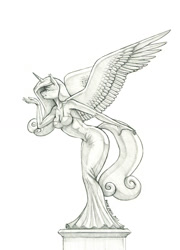 Size: 1000x1388 | Tagged: safe, artist:baron engel, derpibooru import, princess cadance, alicorn, anthro, blowing a kiss, breasts, cleavage, clothes, dress, female, grayscale, mare, monochrome, pencil drawing, simple background, solo, statue, traditional art, white background