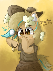 Size: 1000x1333 | Tagged: safe, artist:grithcourage, derpibooru import, oc, oc:grith courage, bird, earth pony, pony, abstract background, adorable face, cute, ears, floppy ears, flower, flower in hair, hat, signature, text