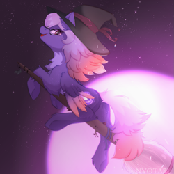 Size: 1389x1389 | Tagged: safe, artist:nyota71, derpibooru import, oc, oc:ardent dusk, bat pony, pony, bat pony oc, broom, butt, colored wings, commission, flower, glasses, hat, looking at you, moon, moonlight, smiling, solo, wings, witch, witch hat, ych example, ych result, your character here