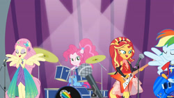 Size: 3410x1920 | Tagged: safe, derpibooru import, screencap, fluttershy, pinkie pie, rainbow dash, sunset shimmer, better together, equestria girls, rollercoaster of friendship, bass guitar, drums, eyes closed, female, high res, microphone, musical instrument, open mouth, photo booth (song), ponied up, sleeveless, smiling