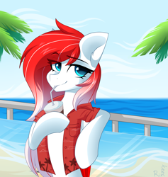 Size: 1800x1900 | Tagged: safe, artist:rinteen, derpibooru import, oc, oc only, oc:making amends, pegasus, pony, beach, clothes, commission, drink, drinking, palm tree, signature, solo, tree, ych result