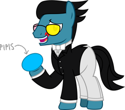 Size: 3208x2811 | Tagged: safe, artist:sketchmcreations, derpibooru import, oc, oc:sketch mythos, earth pony, pony, alternate hairstyle, bowtie, clothes, cosplay, costume, deltarune, egg, glasses, male, nightmare night, open mouth, pants, raised hoof, raised leg, salesman, salespony, simple background, smiling, spamton, stallion, suit, sunglasses, transparent background, vector