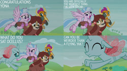 Size: 1280x720 | Tagged: safe, derpibooru import, edit, edited screencap, editor:quoterific, screencap, ocellus, silverstream, smolder, yona, changeling, dragon, hippogriff, yak, school daze, season 8, spoiler:s08, ^^, eyes closed, faic, female, flying, open mouth, smiling