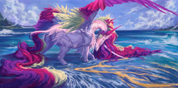 Size: 7049x3500 | Tagged: safe, artist:makkah, derpibooru import, princess cadance, alicorn, pony, absurd resolution, colored wings, detailed, eyes closed, female, head down, horn, long horn, long mane, long tail, mare, missing cutie mark, multicolored wings, solo, spread wings, tail, water, wings