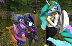 Size: 3361x2160 | Tagged: safe, artist:rainsstudio, derpibooru import, princess celestia, princess luna, twilight sparkle, alicorn, anthro, plantigrade anthro, 3d, alternate hairstyle, bench, clothes, crossed legs, forest, friendship journal, hand on chest, mlp fim's eleventh anniversary, nexgen, pants, park, short shirt, shorts, sitting, source filmmaker, tree, wings, yoga pants