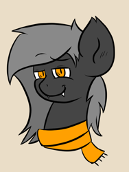 Size: 600x800 | Tagged: safe, artist:tranzmuteproductions, derpibooru import, oc, oc:tranzmute, bat pony, pony, bat pony oc, bust, clothes, fangs, male, scarf, simple background, slit eyes, smiling, solo, stallion, yellow background