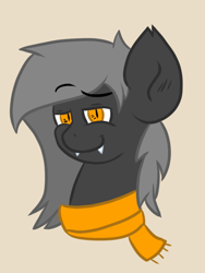 Size: 600x800 | Tagged: safe, alternate version, artist:tranzmuteproductions, derpibooru import, oc, oc:tranzmute, bat pony, pony, bat pony oc, bust, clothes, fangs, male, scarf, simple background, slit eyes, smiling, solo, stallion, yellow background