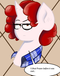 Size: 600x752 | Tagged: safe, artist:tranzmuteproductions, derpibooru import, oc, oc only, oc:jess, pony, unicorn, abstract background, bust, clothes, glasses, horn, solo, talking, unamused, unicorn oc