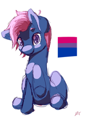 Size: 1412x1920 | Tagged: safe, artist:zombietator, derpibooru import, oc, oc only, earth pony, pony, bisexual pride flag, earth pony oc, pride, pride flag, raised hoof, raised leg, signature, simple background, solo, white background