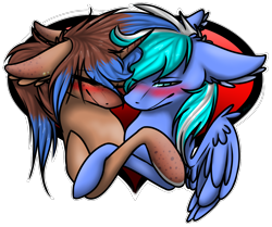 Size: 1458x1220 | Tagged: safe, artist:sketchytwi, derpibooru import, oc, oc only, pegasus, pony, unicorn, blushing, bust, commission, ear fluff, ears, floppy ears, heart, horn, hug, male, oc x oc, pegasus oc, shipping, simple background, smiling, stallion, transparent background, unicorn oc, wings, ych result