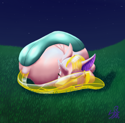 Size: 1310x1293 | Tagged: safe, artist:cuervo-of-cristal, derpibooru import, oc, oc only, changedling, changeling, changedling oc, changeling oc, female, night, outdoors, signature, sleeping, solo, stars