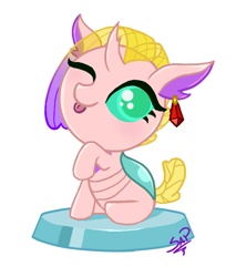 Size: 528x620 | Tagged: safe, artist:cuervo-of-cristal, derpibooru import, oc, oc only, changedling, changeling, :p, changedling oc, changeling oc, chibi, ear piercing, eyelashes, female, one eye closed, piercing, pocket ponies, raised hoof, raised leg, signature, simple background, solo, tongue, tongue out, white background, wink