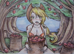 Size: 1600x1175 | Tagged: safe, artist:zumilian, derpibooru import, applejack, human, alternative cutie mark placement, apple, apple barrel, apple basket, apple tree, applejack's hat, applerack, breasts, cleavage, clothes, cowboy hat, female, food, hat, hay stalk, humanized, looking at you, open mouth, open smile, shoulder cutie mark, smiling, solo, straw in mouth, traditional art, tree