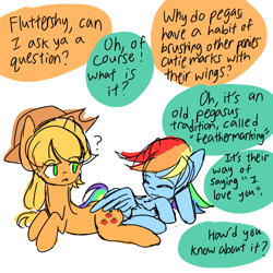 Size: 1000x1000 | Tagged: safe, artist:snowzaaah, derpibooru import, applejack, rainbow dash, earth pony, pegasus, pony, appledash, butt touch, comic, feathermarking, female, lesbian, mlp fim's eleventh anniversary, offscreen character, question mark, shipping