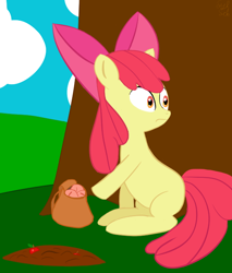 Size: 580x680 | Tagged: safe, artist:sylphanscribe, derpibooru import, apple bloom, earth pony, pony, apple, backpack, female, filly, food, solo