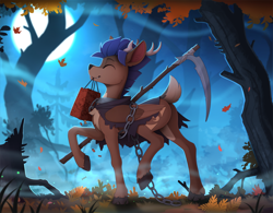 Size: 2300x1790 | Tagged: safe, artist:yakovlev-vad, derpibooru import, oc, oc only, oc:arny, deer, deer pony, original species, peryton, butt, chains, collar, forest, leaves, moon, plot, scythe, solo, tree