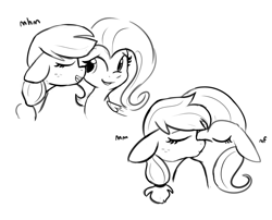 Size: 4412x3557 | Tagged: safe, artist:tjpones, derpibooru import, applejack, fluttershy, earth pony, pegasus, pony, comic:making the most, appleshy, belly button, black and white, bust, comic, dialogue, ears, explicit source, eyes closed, female, floppy ears, grayscale, intersex, kissing, lesbian, lineart, mare, monochrome, shipping, simple background, white background