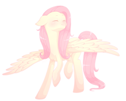 Size: 2924x2352 | Tagged: dead source, safe, artist:poncorn, derpibooru import, fluttershy, pegasus, pony, blushing, chest fluff, cute, ears, eyes closed, female, floppy ears, happy, head turned, high res, mare, raised hoof, raised leg, shyabetes, simple background, smiling, solo, spread wings, standing, white background, wings