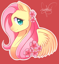 Size: 1024x1103 | Tagged: safe, artist:greharts, derpibooru import, fluttershy, pegasus, pony, bust, cute, female, flower, flower in hair, looking at you, mare, no more ponies at source, outline, portrait, profile, red background, shyabetes, simple background, smiling, solo, spread wings, white outline, wings