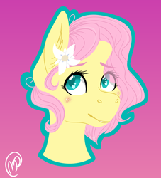 Size: 2000x2200 | Tagged: dead source, safe, artist:ivinity-art, derpibooru import, fluttershy, pony, alternate hairstyle, blushing, bust, ear fluff, ears, female, flower, flower in hair, green outline, heart eyes, high res, looking at you, mare, outline, pink background, portrait, short mane, simple background, smiling, solo, three quarter view, wingding eyes