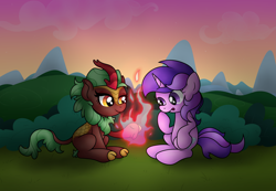 Size: 4779x3300 | Tagged: safe, artist:background basset, derpibooru import, amethyst star, cinder glow, sparkler, summer flare, kirin, pony, unicorn, fire, mlp fim's eleventh anniversary, sitting, sunset