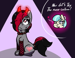 Size: 1300x1000 | Tagged: safe, artist:lazerblues, derpibooru import, coco pommel, oc, oc:miss eri, earth pony, pony, collar, devil horns, fishnet stockings, horns, one eye closed, solo, wink