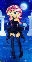 Size: 653x1253 | Tagged: safe, artist:charliexe, derpibooru import, sunset shimmer, equestria girls, bare shoulders, bedroom eyes, bouquet, choker, clothes, dress, evening gloves, female, flower, full moon, gloves, halloween, high heels, holiday, long gloves, marriage, moon, shhh, shoes, sleeveless, solo, stockings, strapless, thigh highs, wedding, wedding dress