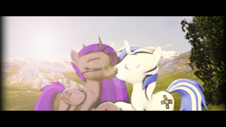 Size: 3840x2160 | Tagged: safe, artist:scratch_wub, derpibooru import, oc, oc only, oc:etheria galaxia, oc:scratch wub, eyes closed, holding hooves, kissing, lens flare, outdoors, shipping, widescreen