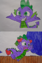 Size: 500x750 | Tagged: safe, artist:spikeabuser, spike, dragon, drawing, food, full color, male, spikeabuse, stage, tomato, tomatoes