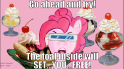 Size: 960x539 | Tagged: safe, artist:scobionicle99, edit, editor:undeadponysoldier, pinkie pie, earth pony, pony, banana split, cherry, cool, female, glasses, goofy goober rock, ice cream, looking at you, mare, meme, open mouth, ponified, ponified meme, serious, serious face, song parody, song reference, spongebob squarepants, sunglasses, teeth, the spongebob squarepants movie, tongue, whipped cream, 😎
