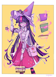 Size: 1600x2200 | Tagged: safe, artist:shpr0ta, derpibooru import, twilight sparkle, human, book, clothes, cutie mark accessory, dress, ear piercing, earring, female, flower, hat, humanized, jewelry, levitation, magic, magic wand, piercing, satchel, scroll, smiling, solo, telekinesis, witch hat