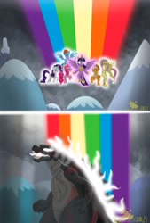 Size: 2732x4051 | Tagged: safe, artist:lordshrekzilla20, derpibooru import, applejack, fluttershy, pinkie pie, rainbow dash, rarity, twilight sparkle, twilight sparkle (alicorn), alicorn, kaiju, fanfic:the one true king, blood, fanfic art, glowing, glowing eyes, godzilla, godzilla (series), injured, magic of friendship, mane six, rainbow, story included